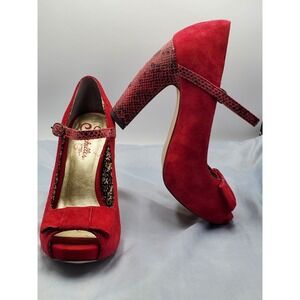 Seychelles Fifth Wheel Open Toe Pump Women 6M Red Suede Snakeskin Retro Pinup